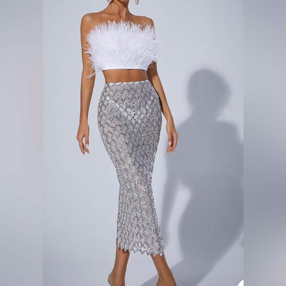 Elegant White and Silver Feather Dress